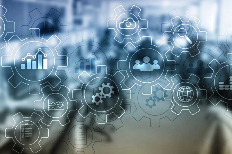 Business process abstract diagram with gears and icons.